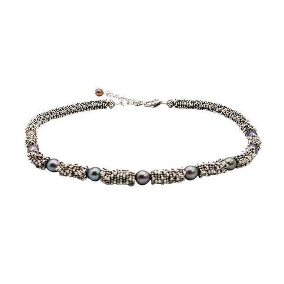 Michael Dawkins Black Pearl Sterling Silver Necklace Adj 15 1/2 To 18 Inches - Picture 2 of 4